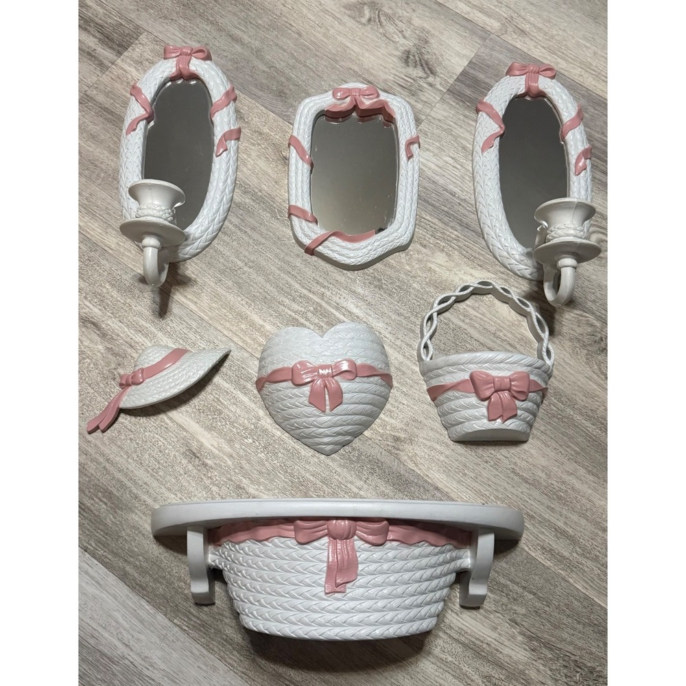 Home Interiors 2940‎ CAV P Wall Decor Set 4 Mirrors 2 Candlesticks Heart Bows